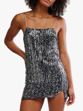 NWT new XS free people midnight kiss mini slip dress sequin black silver